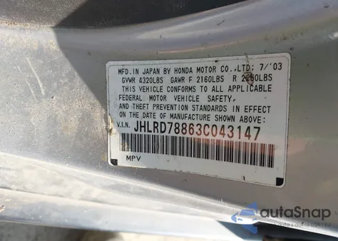 2003 Honda Cr-V Ex z USA, uszkodzony, nr VIN JHLRD78863C043147